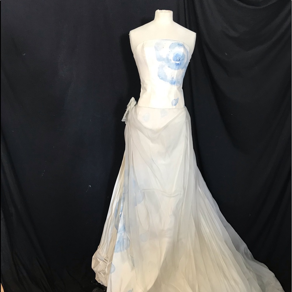 Designer Couture Wedding Dress Silk Ivory Blue Hand Painted 2 Piece Size 0 NWD